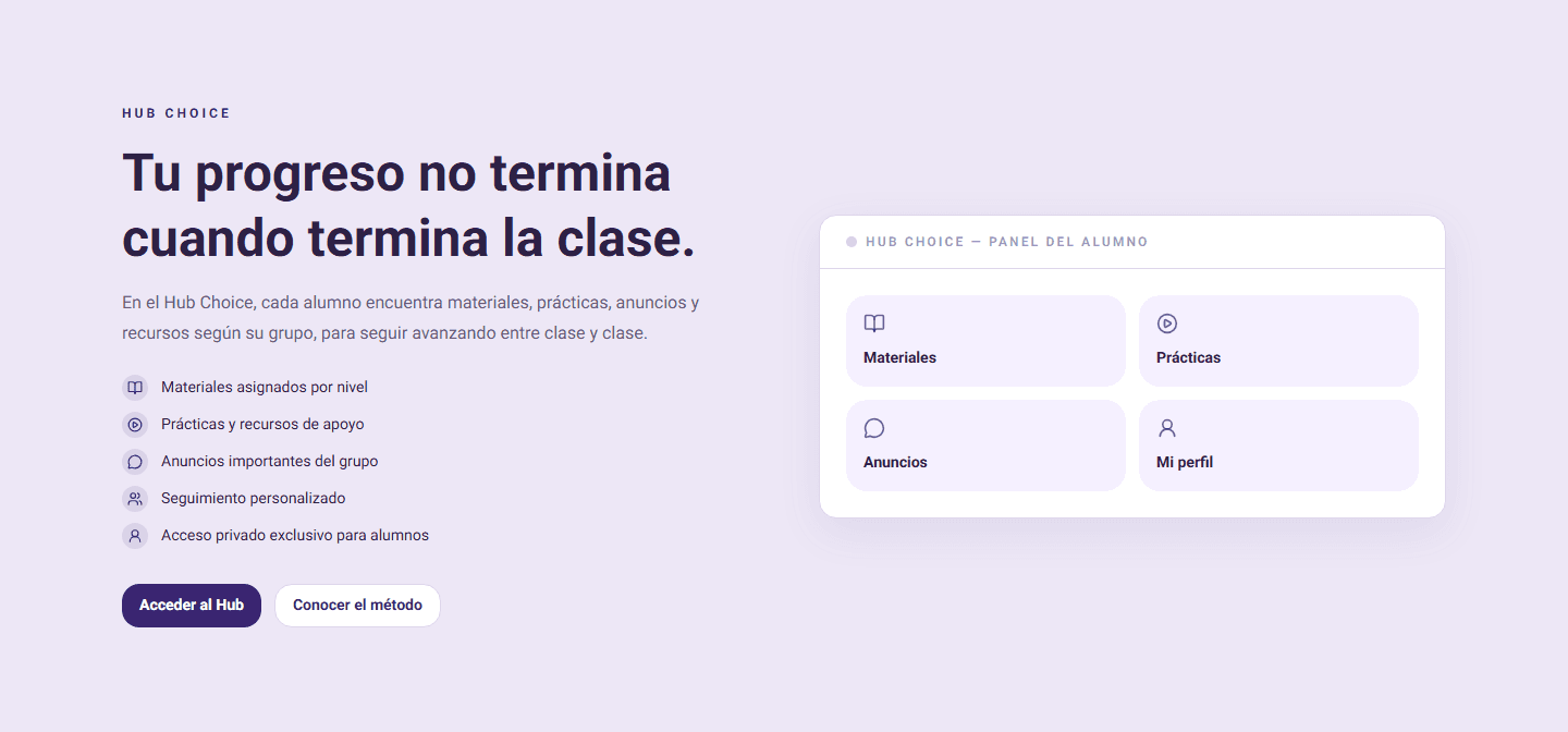 Página de presentación de Choice Hub y sus funciones para alumnos.